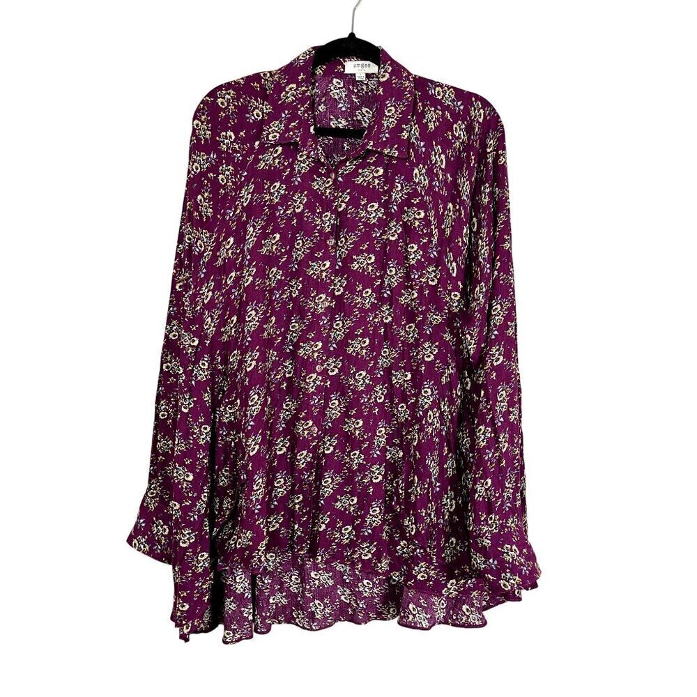 Umgee Floral Top L Purple Tiered Boho Cottagecore Western Retro Office 80s